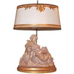 Vintage French Terra Cotta Cherub Lamp with Custom Shade