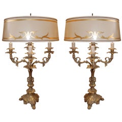 Pair of Gold Gilt Metal Candelabra Lamps C. 1900's