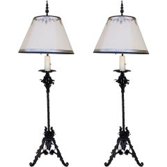 Antique Pair of Wrought Iron Standing Lamps with Custom Shades