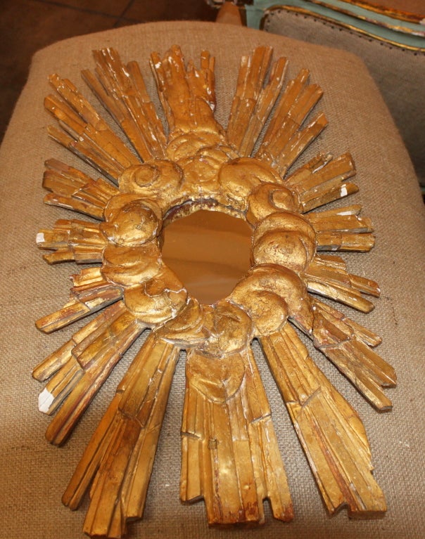 Wood Unique Carved Sunburst Mirror C. 1920's