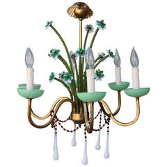 Italian Gilt Metal Six Light Chandelier with Flowers