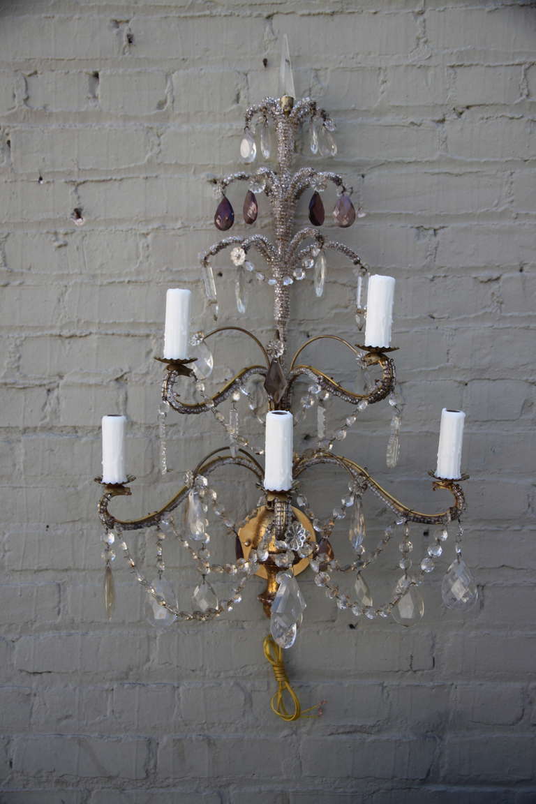 Pair of 5-light French crystal beaded sconces with smokey lavender & clear crystal drops throughout.  Newly rewired with wax candle covers.  Ready to install.