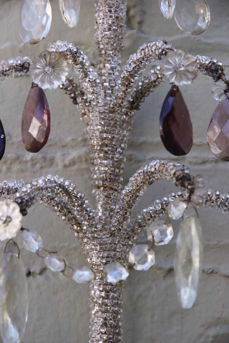 Pair of French 5-Light Crystal Beaded Sconces In Distressed Condition In Los Angeles, CA