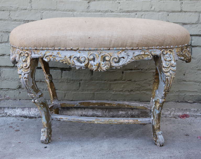Painted Carved French Bench with Burlap Upholstery