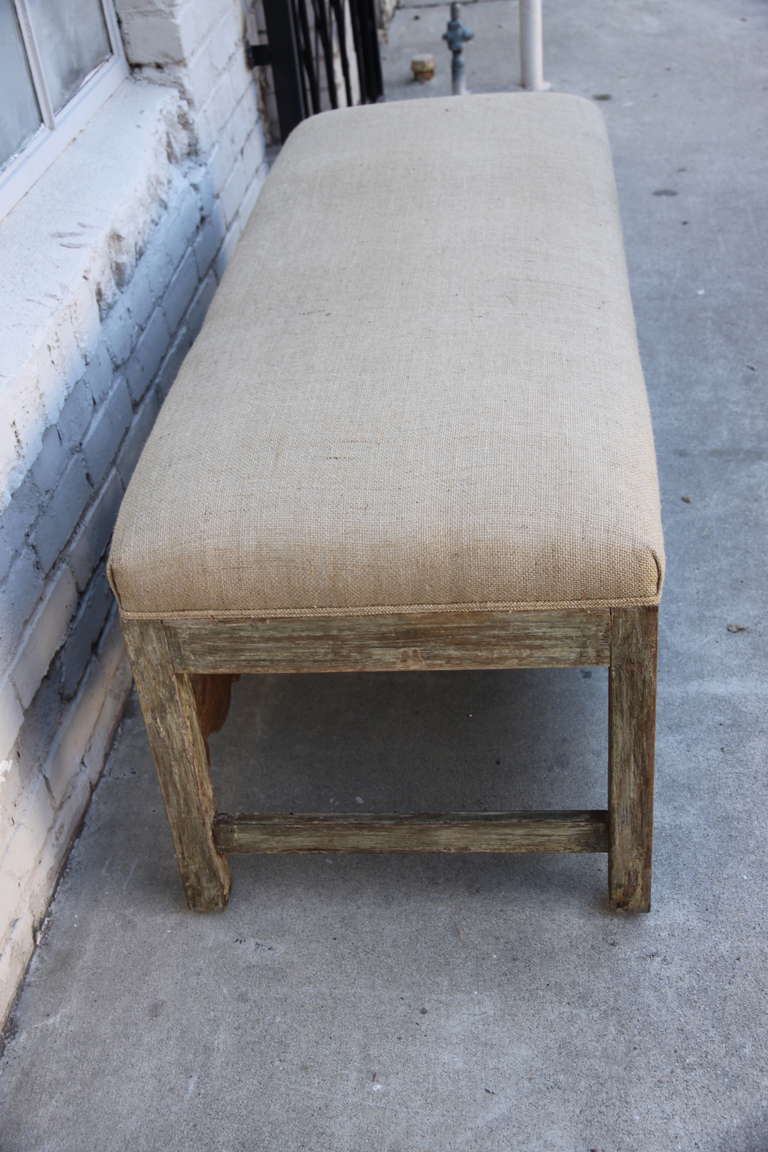 Spanish Carved Burlap Upholstered Bench In Distressed Condition In Los Angeles, CA