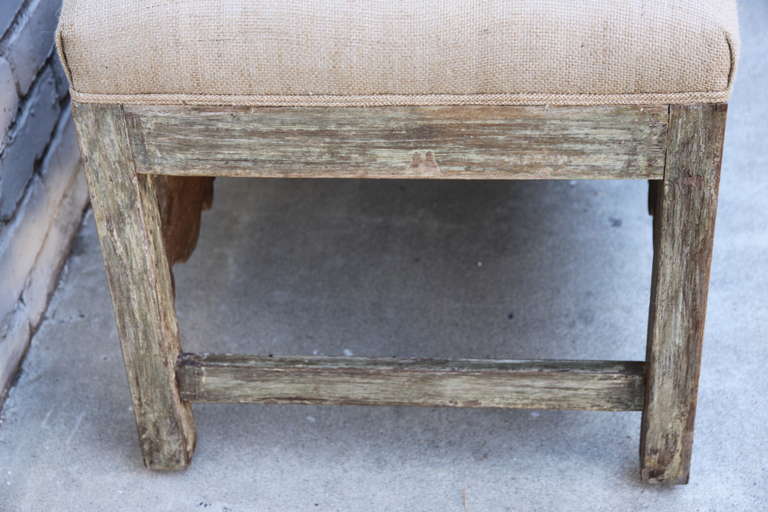 20th Century Spanish Carved Burlap Upholstered Bench