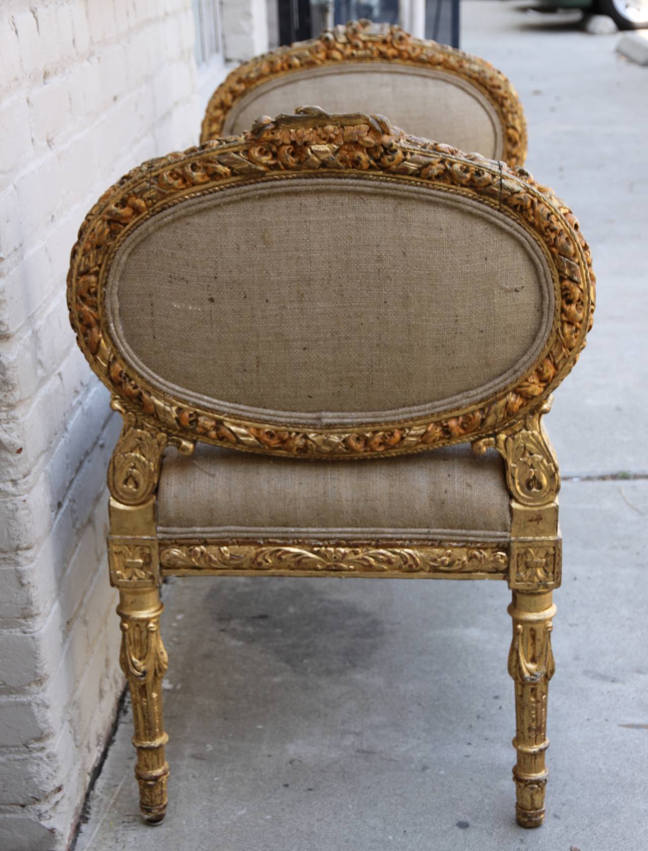 Neoclassical 19th Century French Carved Giltwood Louis XVI Style Bench