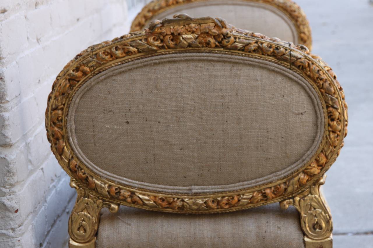 19th Century French Carved Giltwood Louis XVI Style Bench In Distressed Condition In Los Angeles, CA