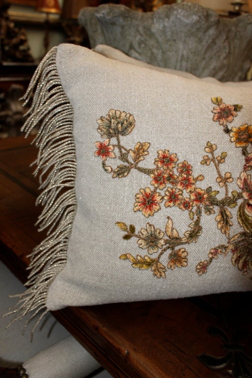 Pair of Metallic & Chenille Embroidered Linen Pillows 1