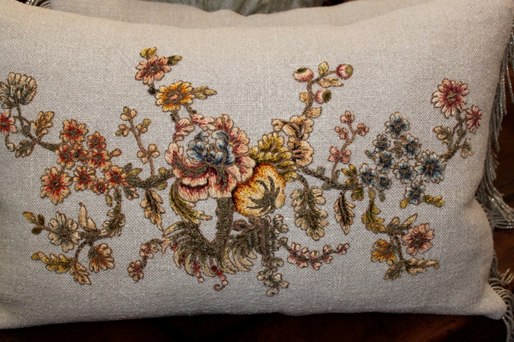 Pair of Metallic & Chenille Embroidered Linen Pillows 2