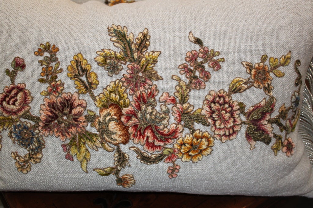 Pair of Metallic & Chenille Embroidered Linen Pillows 3