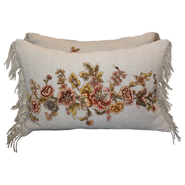 Pair of Metallic & Chenille Embroidered Linen Pillows