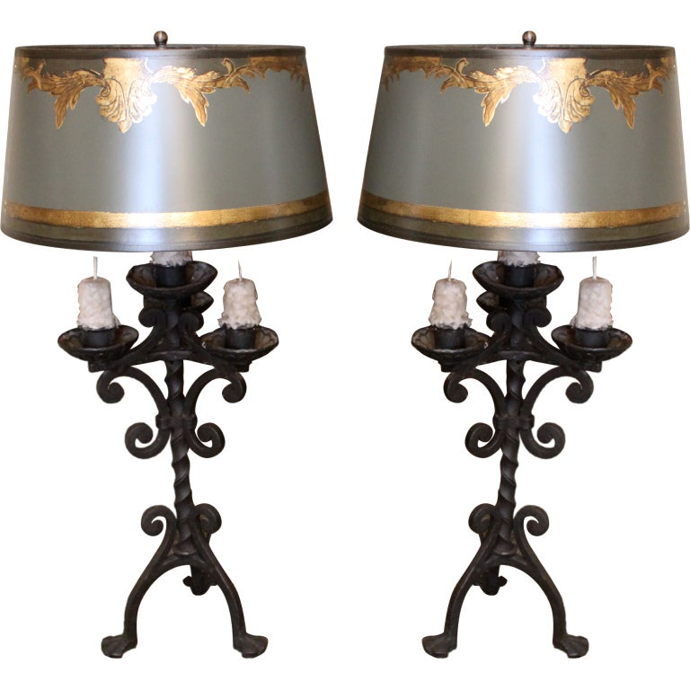 Spanish Wrought Iron Candelabra Lamps with Custom Shades at 1stdibs