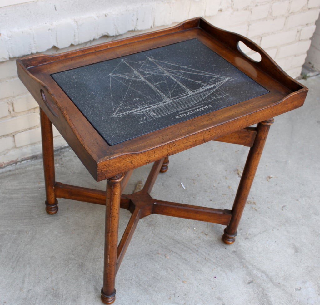 20th Century Vintage Tray Table with Etched Ship 