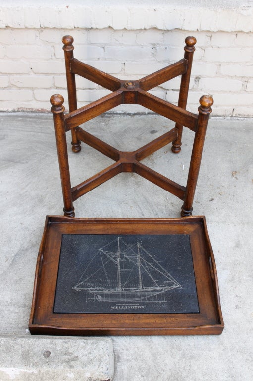Wood Vintage Tray Table with Etched Ship 