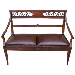 Antique Carved Continental Leather Upholstered Bench