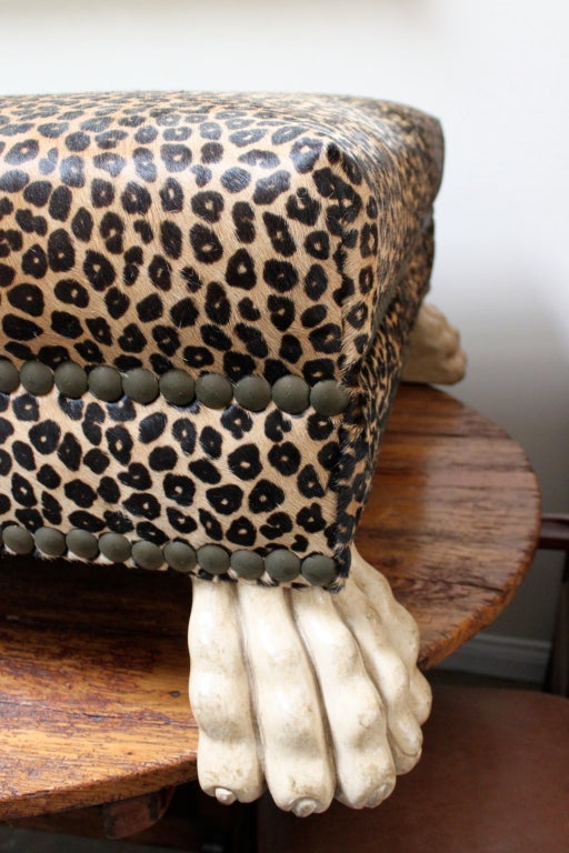 20th Century Faux Leopard Upholstered Bench with Lion Paw Feet