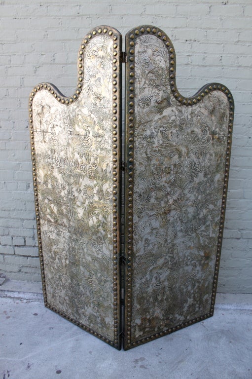 19th century Italian silver gilt embossed panels with nailhead trim detail.  The back of the panels is upholstered in antique tapestry fabric.