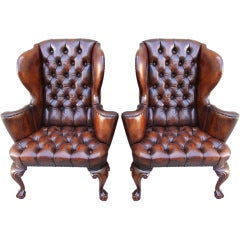 Pair of Leather Tufted Wingback Chairs C. 1920's