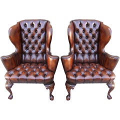 Antique Pair of Leather Tufted Wingback Chairs C. 1920's