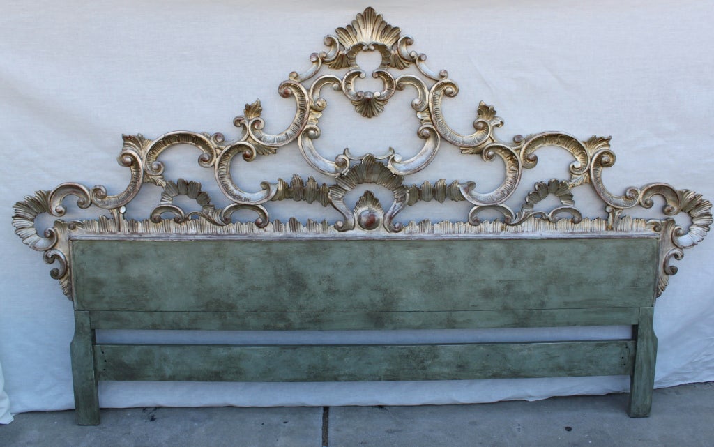 King size carved Italian Silver gilt and painted headboard.