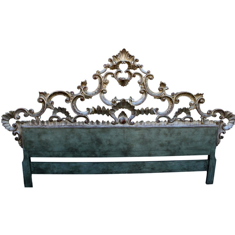 King Size Carved Italian Silver & Painted Headboard C. 1940's