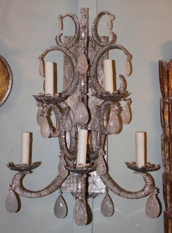 Pair of Monumental Rock Crystal Silver Gilt Sconces C. 1930's