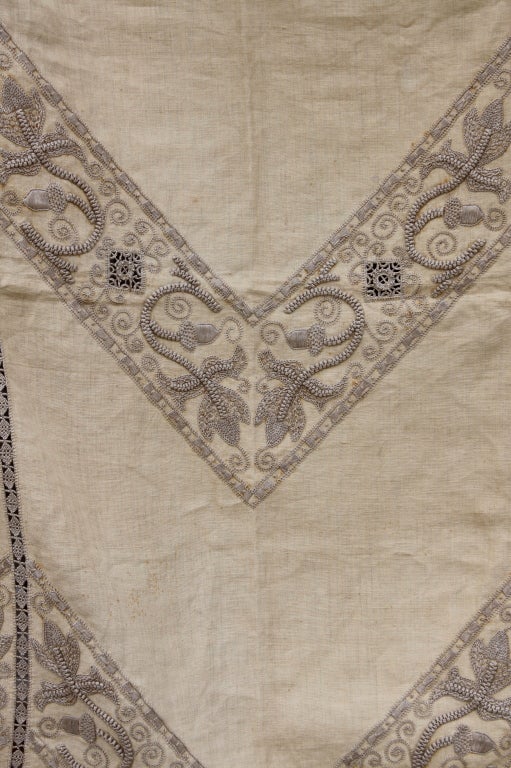 European Embroidered Linen Textile with Tassels C. 1920