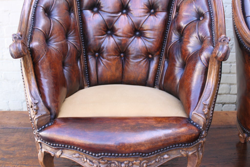 19th Century Pair of 19th C. Carved French Leather Tufted Armchairs
