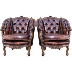 Pair of 19th C. Carved French Leather Tufted Armchairs
