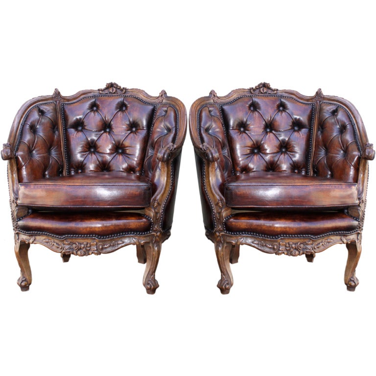 Pair of 19th C. Carved French Leather Tufted Armchairs