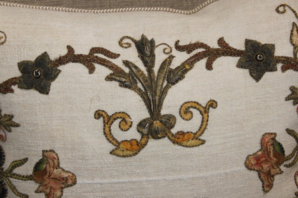 19th Century 19th C. Metallic & Silk Appliqued Linen Pillow