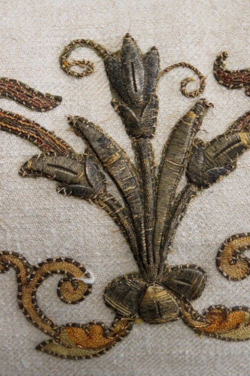 19th C. Metallic & Silk Appliqued Linen Pillow 2