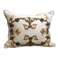 19th C. Metallic & Silk Appliqued Linen Pillow