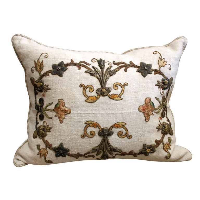 19th C. Metallic & Silk Appliqued Linen Pillow