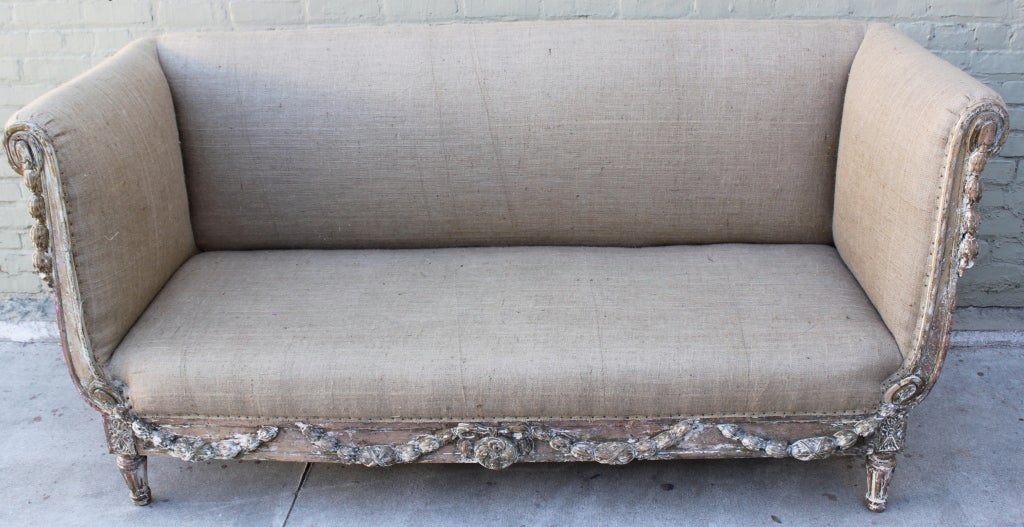 19th C. Carved Italian Burlap Upholstered Sofa