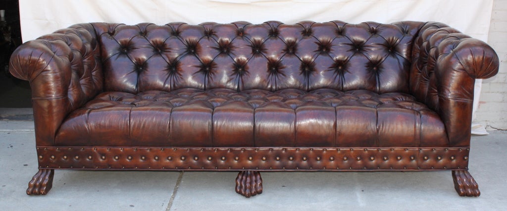Grand Scaled Lion Paw Chesterfield Style Leather Tufted Sofa