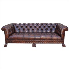 Antique Grand Scaled Lion Paw Chesterfield Style Leather Tufted Sofa