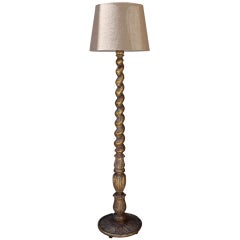 Carved Italian Gilt Wood Standing Lamp with Burlap Shade