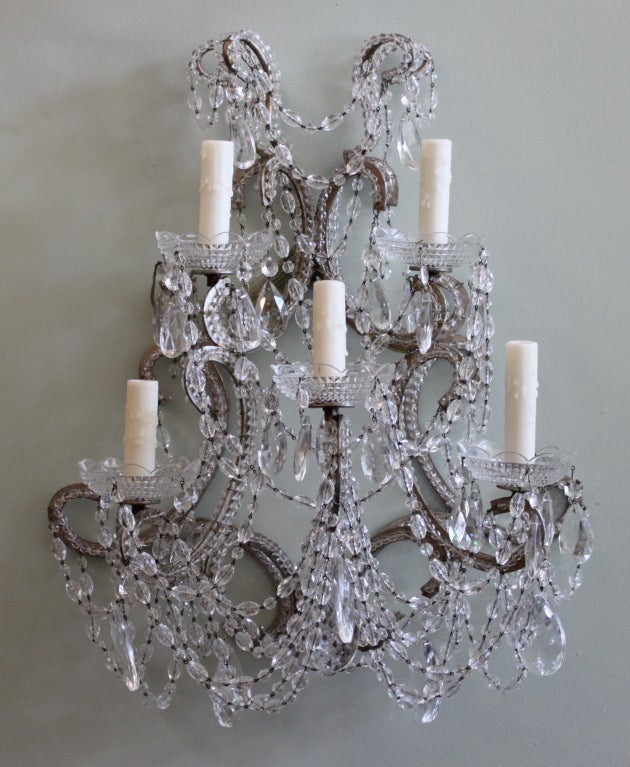 Pair of Crystal Beaded Silver Gilt 5-Light Sconces