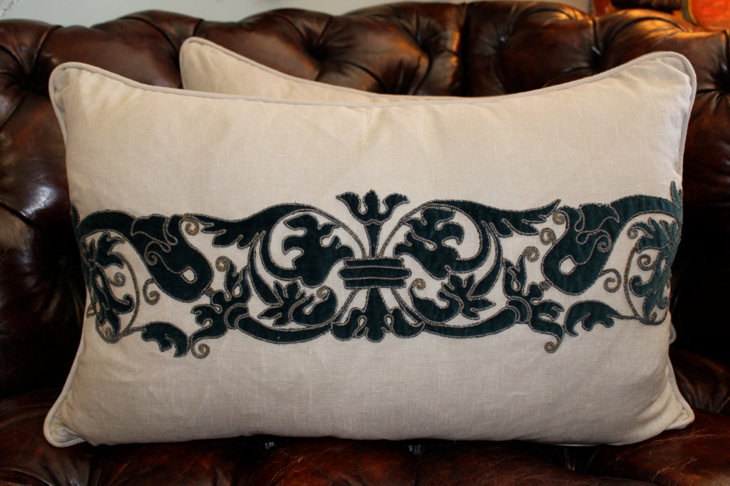 Pair of 19th century velvet textiles appliqued on linen with self welt linen cording.
