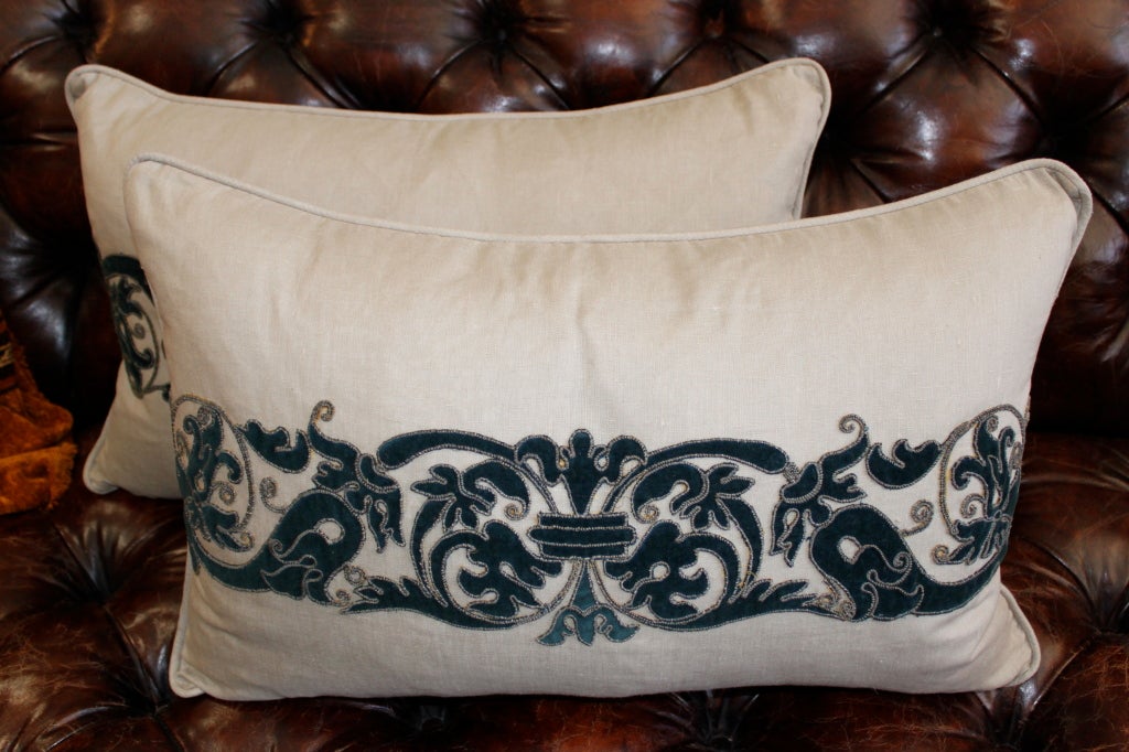 19th Century Pair of Velvet Appliqued Linen Pillows