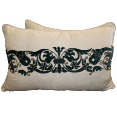 Antique Pair of Velvet Appliqued Linen Pillows