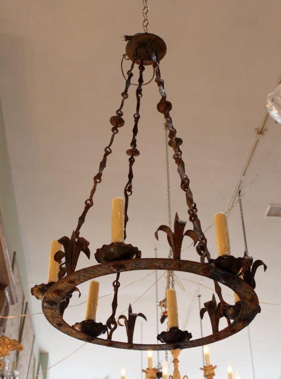 Six Light Wrought Iron Spanish Chandelier In Distressed Condition In Los Angeles, CA