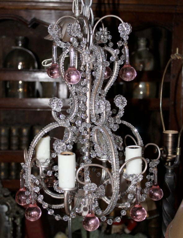 20th Century Petite Crystal Beaded Chandelier with Pink Drops