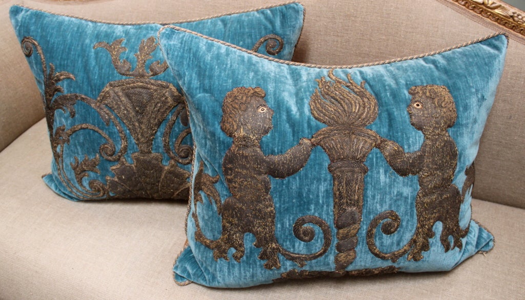 Pair of Italian metallic embroidered appliqued velvet pillows with cording.
