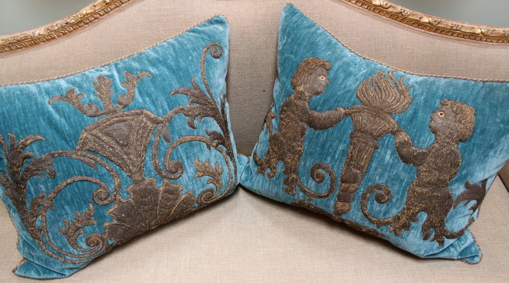 18th Century and Earlier Pair of Italian Appliqued Blue Velvet Pillows