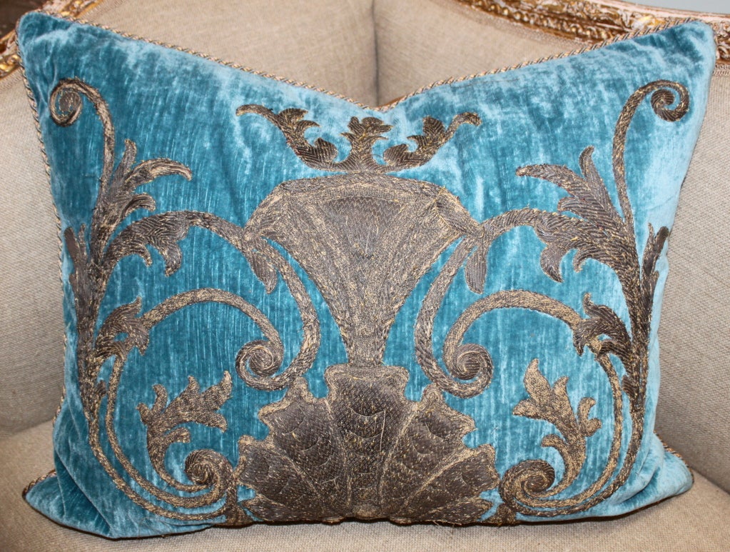 Metallic Thread Pair of Italian Appliqued Blue Velvet Pillows