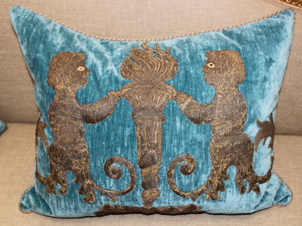 Pair of Italian Appliqued Blue Velvet Pillows 1