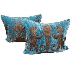 Antique Pair of Italian Appliqued Blue Velvet Pillows